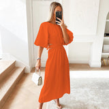 Women Dress Casual Hollow round Neck Puff Sleeve Dress