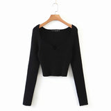 Women Sweater Knitwear Vintage Low-Neck Sweater Spring and Autumn Long Sleeve Short Top