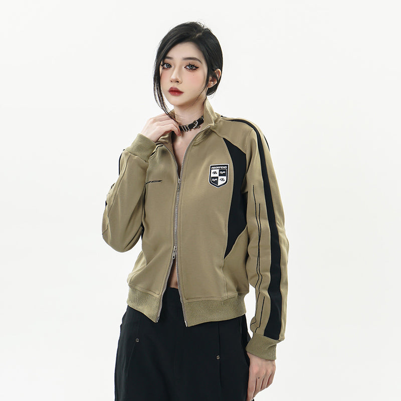 Women Jacket Stitching Contrast Color Jacket Autumn Loose Leisure Sports Zipper Cardigan Outerwear