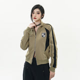 Women Jacket Stitching Contrast Color Jacket Autumn Loose Leisure Sports Zipper Cardigan Outerwear