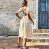 Women Dress Sexy Backless Square Collar Puff Sleeve Dress