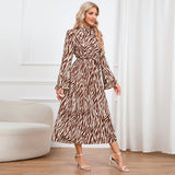 Women Date Dress Long Sleeve Dress Autumn and Winter Stand Collar Leopard Print Printed Dress Long Dress