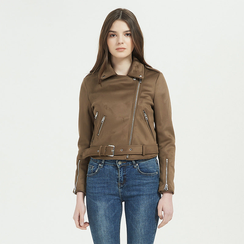 Women Leather Jacket Short Leather Jacket Women Suede Slim-Fitting Biker Suede Short Jacket