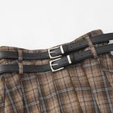 Women Skirt Plaid Pleated Skirt Girls Summer Double Belt Short Skirt Casual A- line Skirt