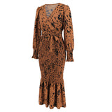 Women Date Dress Long Dress Leopard Print V-neck Belt Printed Fishtail Skirt