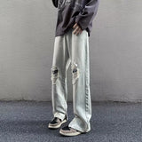 Men Jeans Gray Broken Hole Jeans Public Zipper Split Bootcut Trousers