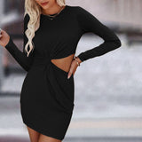 Women Dress Spring/Summer Hollow-out Knitted Long-Sleeved Hip Skirt round Neck Dress