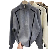 Women Knitted Pullover Turtleneck Zipper Pullover Cropped Sweater Winter Knitwear