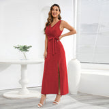 Women Date Dress Sexy Sleeveless V-neck Slit Slim Fit Long Dress
