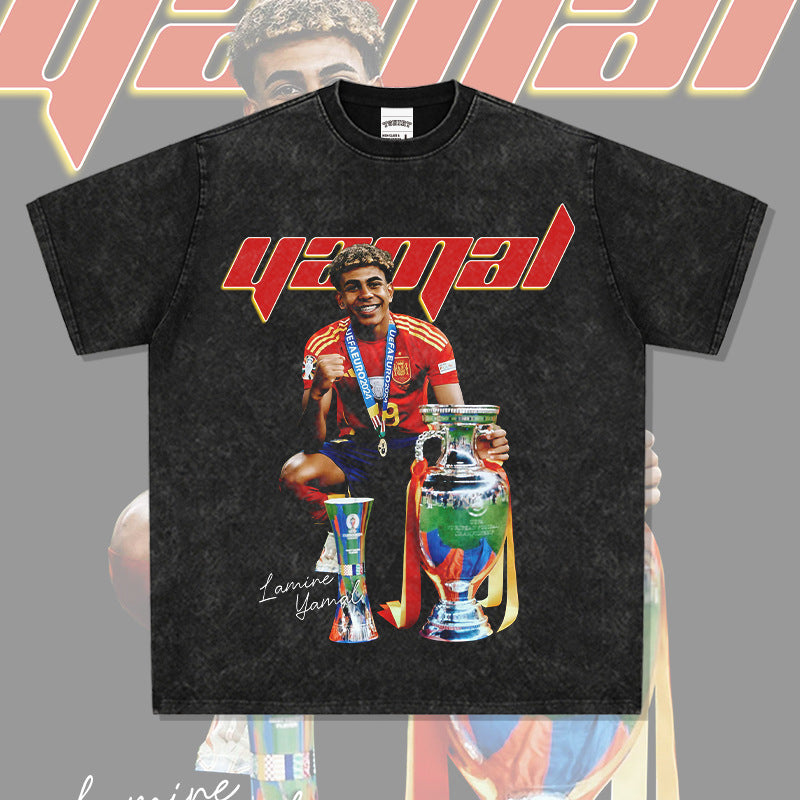 Mens Vintage Football T-Shirt Vintage Lamine Yamal Printed Short Sleeve T-Shirt Washed Cotton Crew Neck