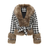 Women Trench Coat Autumn and Winter Plaid Coat Detachable Short Fur Collar Top Houndstooth
