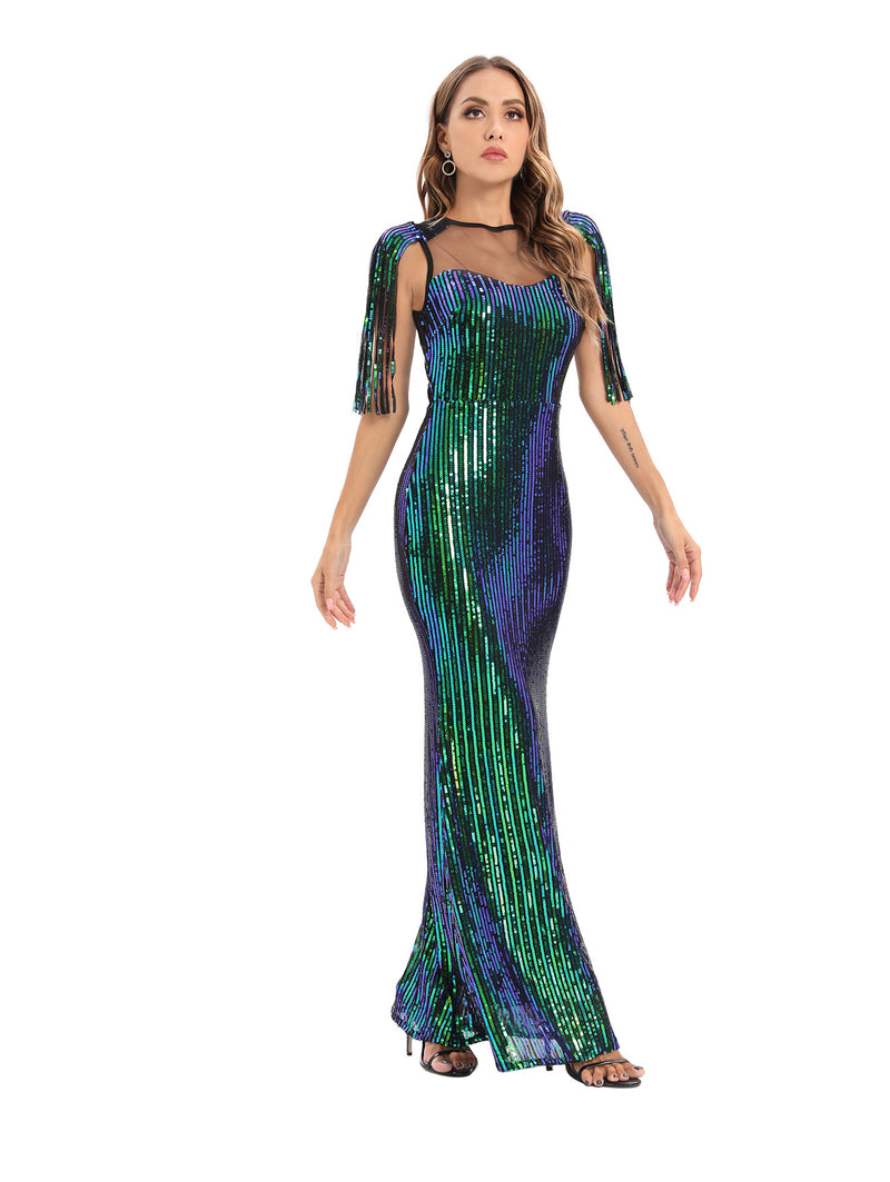 Women Evening Gown Sexy Retro Green Sequins Dress Evening Dress