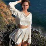 Women T-shirt Summer Sexy Skirt Long Sleeve Button Cardigan Top Suit