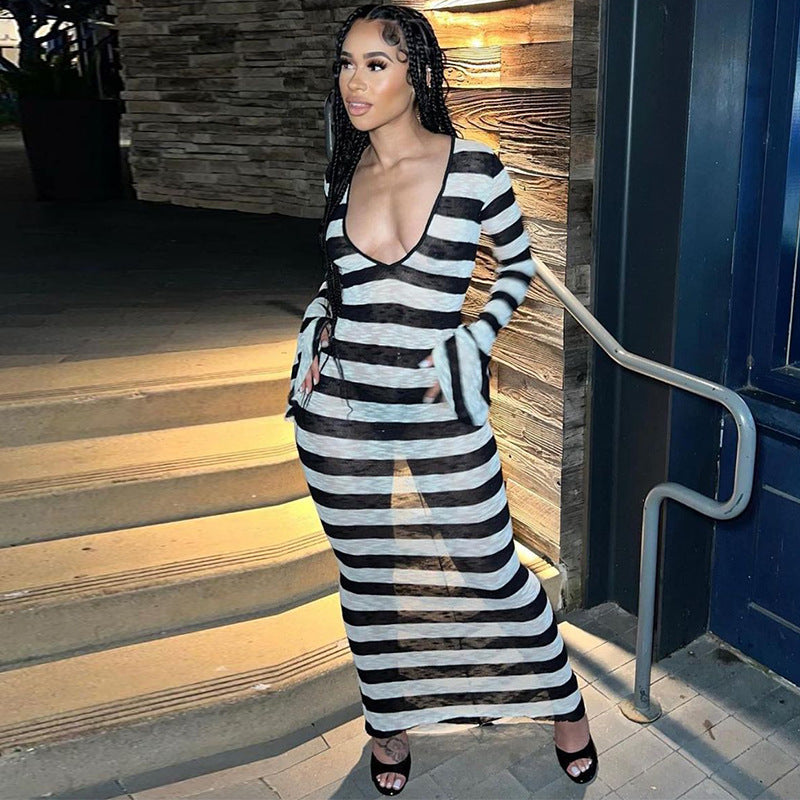 Women Dresses Summer Sexy Long Sleeve Striped Printed Dress