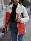 Women Trench Coat Casual Plush Women's Long Sleeve Loose round Neck Stitching Zipper Animal Pattern Double-Sided Fleece Jacket