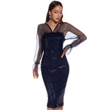 Women's Evening Gown Sexy Retro Mesh Long Sleeve Stitching Sequins Dress