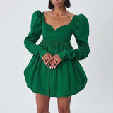 Women Dress Green Satin Waist Princess Dress Women Elegant Puff Sleeve Dress