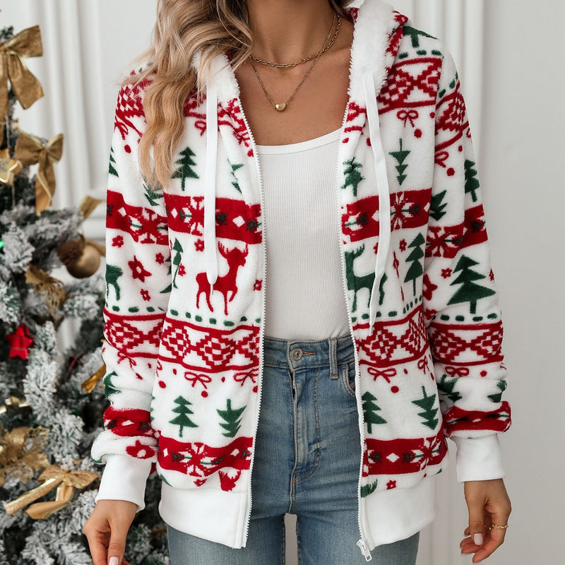 Women Trench Coat Autumn and Winter Long-Sleeved Cardigan Christmas Printed Plush Coat