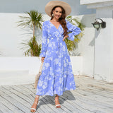 Women Date Dress Autumn and Winter Leisure Floral Print Long Sleeve Lace up Casual Dress Maxi Dress