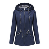 Women's Trench Coat Long-Sleeved Waterproof Mid-Length Trench Coat Women's Hooded Striped Raincoat