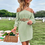 Women Dress Spring/Summer Loose Casual Short Skirt off-Shoulder Braces Long Sleeve Dress