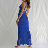 Women Knit Beach Cover Sun-Proof Beach Dress Hollow out Strap Long Dress with Tassel
