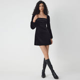 Women Dress Square Collar Long Sleeve Skirt