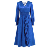 Women Date Dress Autumn and Winter V-neck Bubble Long Sleeve Dress