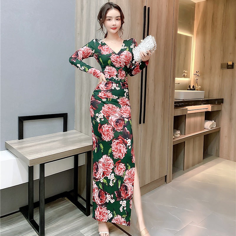 Women Maxi Dress Autumn and Winter V-neck Long Sleeve Narrow Printed Slim Fit Sexy Dress