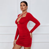 Women Dress Sexy Cutout Tight Skirt Short Skirt Sheath Long Sleeve Dress