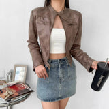 Women Leather Jacket Retro Short Slim-Fitting Biker Jacket Autumn Leather Coat Suede Jacket