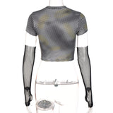 Women T-shirt Dotted Prints Mesh Oversleeve Casual Slim T-shirt