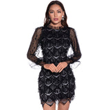 Women Evening Gown Sexy Mesh Long Sleeve Stitching Sequins Dress