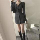 Women Dresses Polo Collar Pleated Dress Hip Skirt V-neck