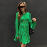 Women Dress Spring Green Pleated Dress round Neck Dress