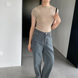Women Knitted T-shirt round Neck Short Sleeve T-shirt Slim Fit Sweater