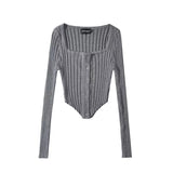 Women Sweater Knit Wear Square Collar Button Sweater Cardigan Top
