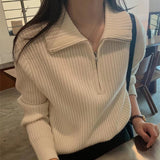Women Knitwear Fall and Winter Lapels Zipper Sweater Loose Sweater