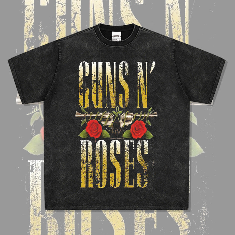 Mens Vintage Rock Band T-Shirt Guns & Roses Vintage Washed Short Sleeve T-Shirt Crew Neck Print