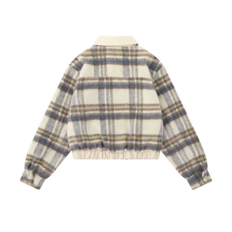 Women Jacket Color Matching Plaid Woolen Short Coat