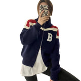 Women Knitted Cardigan Spring and Autumn Leisure Sweater Coat Zipped Stand Collar Knitted Cardigan