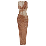 Women Dresses Sexy See-through Sheath Sequins Dress Dress Dress Long Skirt (Zns0409)