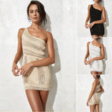 Women Knit Beach Cover Knitted Beach Dress Solid Color Sexy Cutout Sleeveless Sheath Knitted Dress