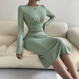 Women Dress round Neck Slim Fit Hip-Wrapped Mid-Length Dress Long Sleeve Dress
