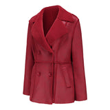 Red Leather Jacket Lapel with Velvet Leather Suede Coat for Women