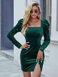 Women Dress Fall/Winter Slit Slim-Fitting Square Collar Long Sleeve Dress