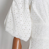 Women Dresses V-neck Lantern Sleeve Single Row Embroidery Hollow Dress (Qymy0409)
