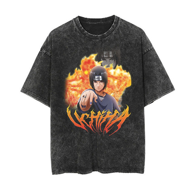 Cotton washed summer retro printed T-shirt men's and women's short sleeves