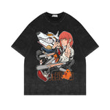 Washed old short-sleeved T-shirt chainsaw man retro cotton T