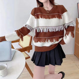 Women Knitwear Autumn and Winter Striped Tassel round Neck Sweater Loose Sweater